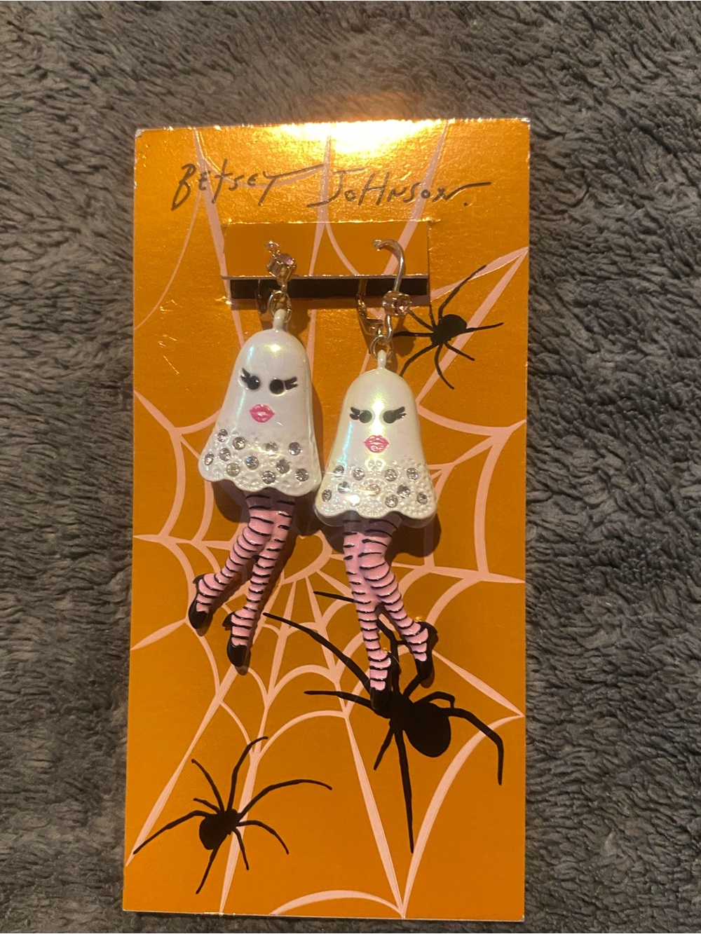 Betsey Johnson White & Pink Striped Ghost Halloween Earrings